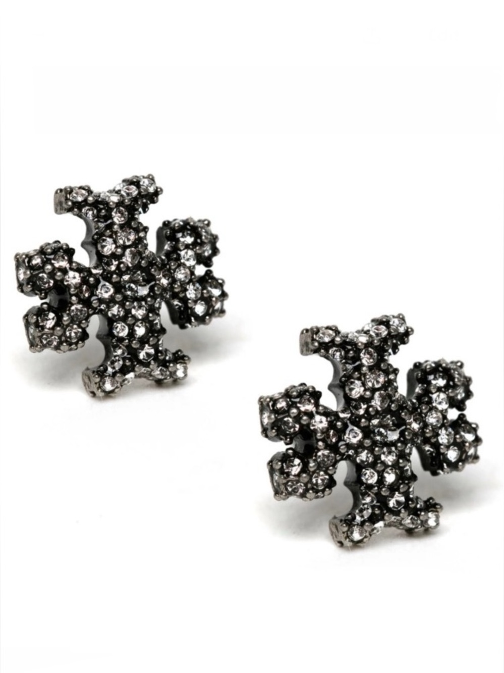 TORY BURCH ROXANNE BLACK GUNMETAL PAVÉ CRYSTAL EMBELLISHED LOGO STUD EARRINGS